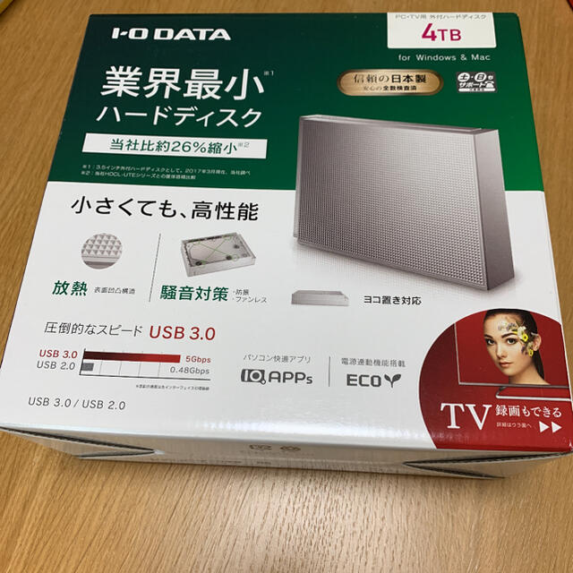 IODATA(アイオーデータ)のI・O DATA HDCZ-UT4W ハードディスク　4TB 録画用　PC用 スマホ/家電/カメラのPC/タブレット(PC周辺機器)の商品写真
