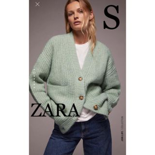 ザラ(ZARA)のZARAザラパッチポケットニットカーディガンS グリーン　春色(カーディガン)