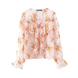 ザラ(ZARA)の🌸春先行💐3580◆pink 水玉 ドット 花柄 フリル ブラウス(シャツ/ブラウス(長袖/七分))