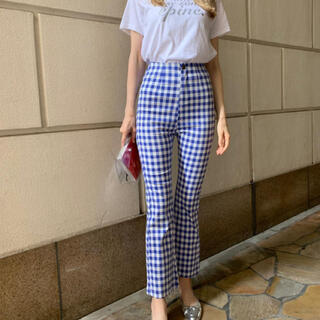 back slit gingham check pants ice blue(カジュアルパンツ)