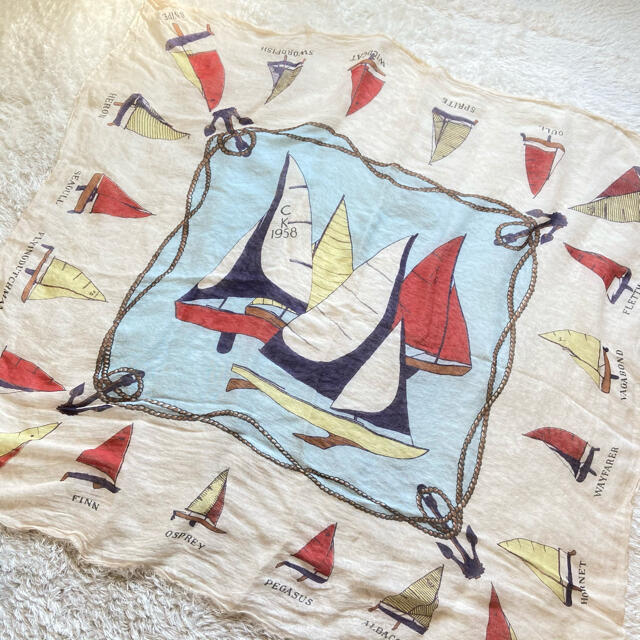 マニプリ　ストール　リネン　麻混　大判　ヨット　舟　船　柄　スカーフ レディースのファッション小物(ストール/パシュミナ)の商品写真