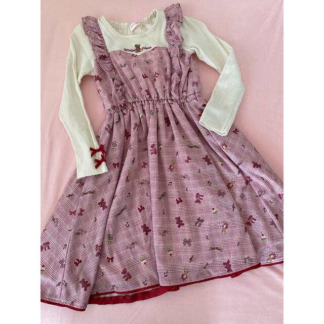 メゾピアノ　クマ総柄チェック切り替えワンピ130cmキッズ服女の子用(90cm~)