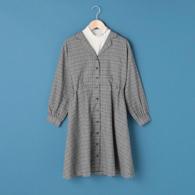 ポンポネットタグ付き開衿チェックシャツワンピー×リブTシャツセット160