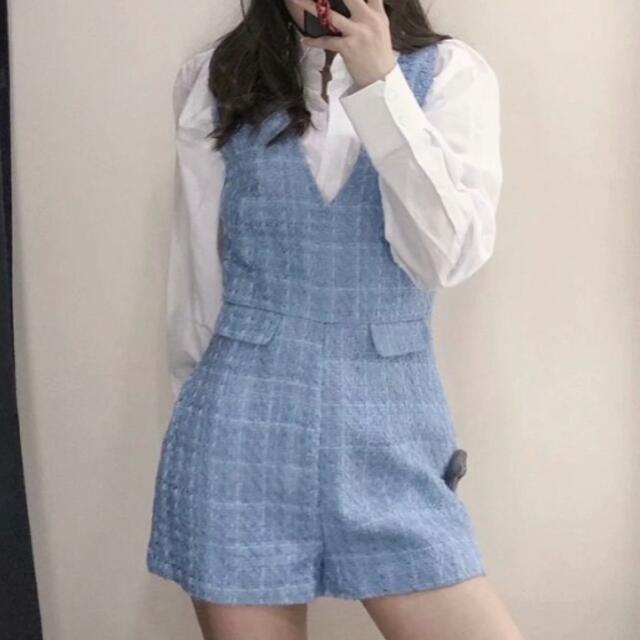 ZARA(ザラ)の🌸春先行💐3593◆blue ツイード オールインワンパンツ サロペット レディースのパンツ(オールインワン)の商品写真