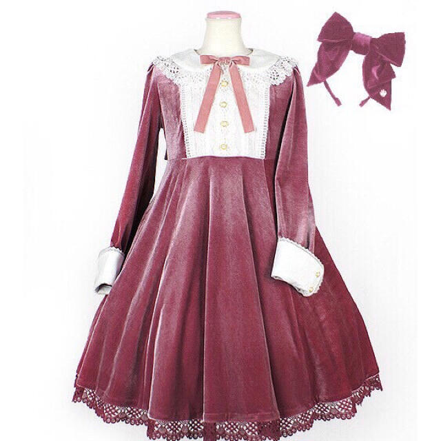 Angelic Pretty(アンジェリックプリティー)のlady ribbon ワンピース　別珍　ピンク　セット レディースのワンピース(ひざ丈ワンピース)の商品写真