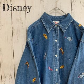 ディズニー(Disney)のUS ディズニー プーさん pooh シリーズ 総柄 刺繍 デニムシャツ 古着(シャツ)