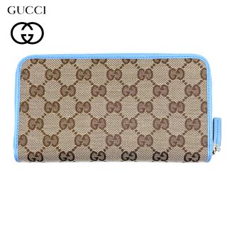 グッチ(Gucci)の グッチGUCCI GGキャンバス長財布　ラウンドファスナー水色(財布)