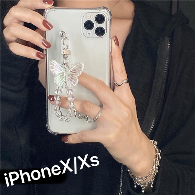 ★iPhoneケース　クリア　蝶々ハンドストラップ付き　iPhoneX / Xs スマホ/家電/カメラのスマホアクセサリー(iPhoneケース)の商品写真