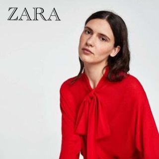 ザラ(ZARA)のsale!新品タグ付☆ZARAザラ☆タイリボン付きニットブラウス赤(シャツ/ブラウス(長袖/七分))