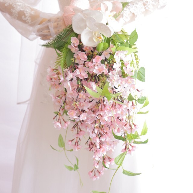 桜キャスケードブーケ さくらブーケ 胡蝶蘭ブーケ 結婚式 造花ブーケ 和婚 和装