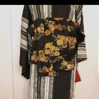 sale新品/黒系に花柄/芸者、花魁風の作り帯/ひとりで簡単に着れ着崩れもない(帯)