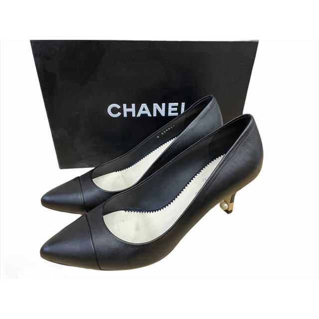 シャネル CHANEL 美品 パンプス パール ヒール 卒業式 入学式 ブラック