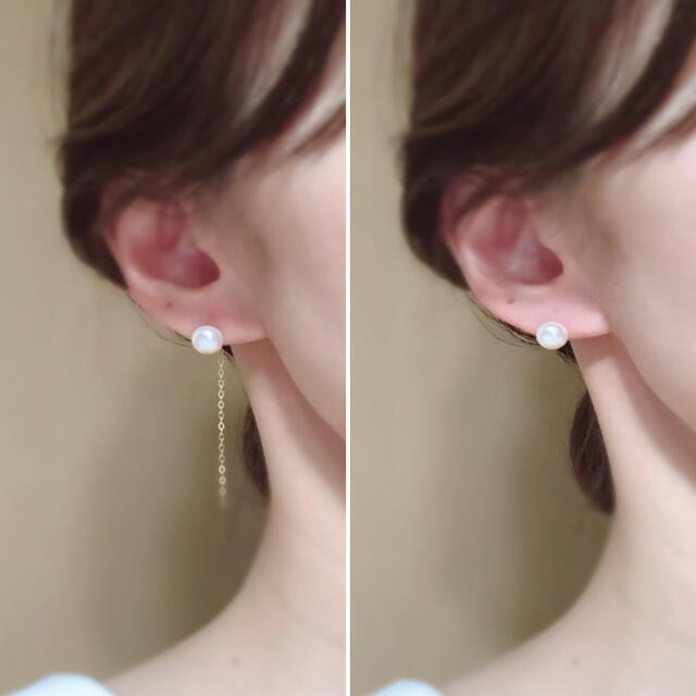 2way!淡水パール×14kgf ロングチェーンピアス ハンドメイドのアクセサリー(ピアス)の商品写真