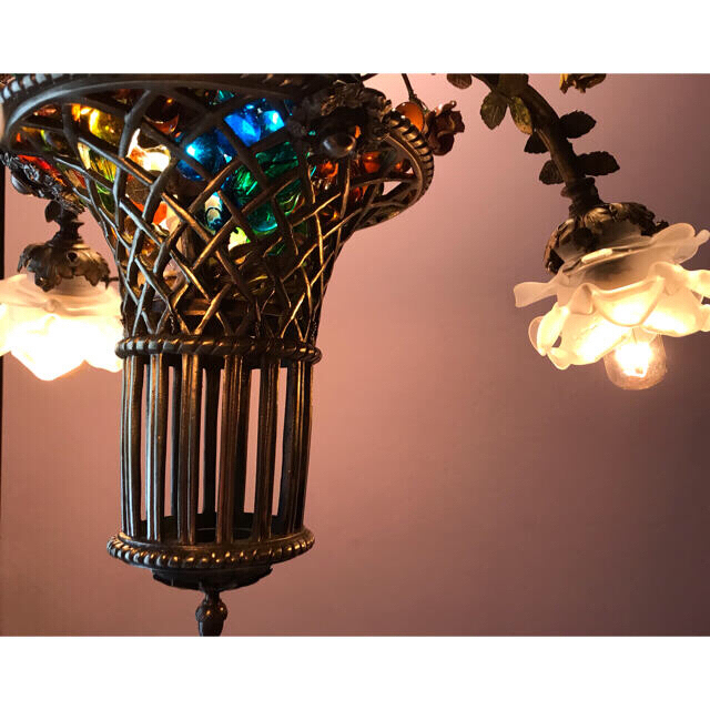 特別セーフ ローズシェード花カゴ4灯シャンデリア（フランスアンティークシャンデリア） 天井照明