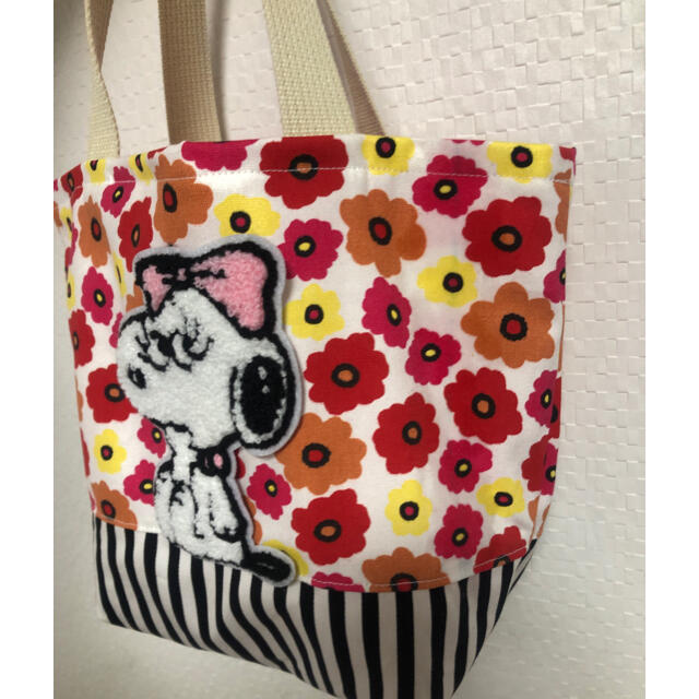 チョコラン様　スヌーピー♡ベル　花柄×ストライプ　トートバック❁⃘ ハンドメイドのファッション小物(バッグ)の商品写真