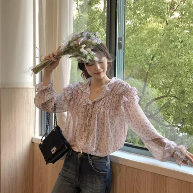 レディース トップス 花柄シフォンブラウス フリル リボン 韓国 春コーデ