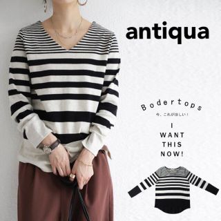 アンティカ(antiqua)のantiqua♛ ボーダー 長袖 Ｖネック カットソー(カットソー(長袖/七分))