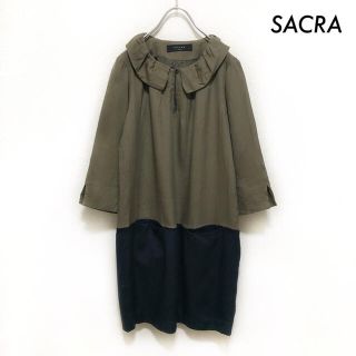 サクラ(SACRA)のSACRA サクラ★長袖ワンピース ウエスト切替 襟付き カーキ(ひざ丈ワンピース)