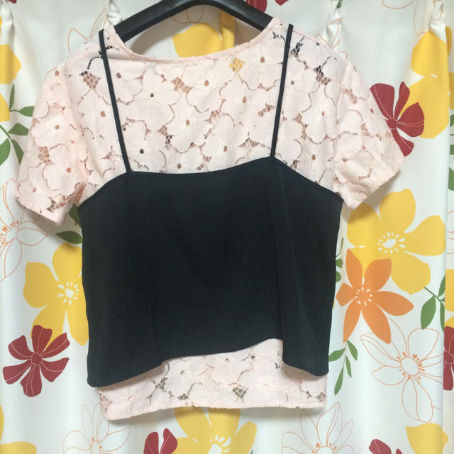 RETRO GIRL(レトロガール)のピンクレースシャツ黒キャミセット レディースのトップス(Tシャツ(半袖/袖なし))の商品写真