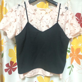 レトロガール(RETRO GIRL)のピンクレースシャツ黒キャミセット(Tシャツ(半袖/袖なし))