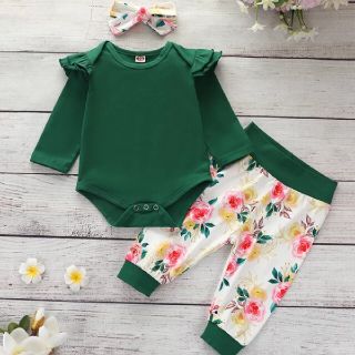 エイチアンドエム(H&M)のフラワー❣️セットアップ❣️春物❣️green❣️エレガント❣️80❣️(ロンパース)