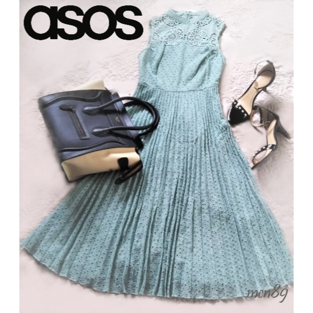 asos(エイソス)の【新品・タグ付】asos　アメリカンスリーブレースプリーツミディドレス　UK4 レディースのワンピース(ひざ丈ワンピース)の商品写真