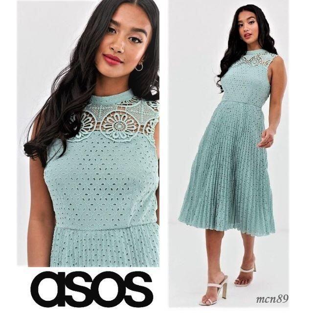 asos(エイソス)の【新品・タグ付】asos　アメリカンスリーブレースプリーツミディドレス　UK4 レディースのワンピース(ひざ丈ワンピース)の商品写真