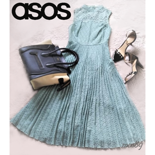 エイソス(asos)の【新品・タグ付】asos　アメリカンスリーブレースプリーツミディドレス　UK4(ひざ丈ワンピース)