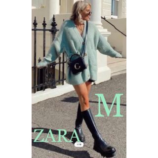 ザラ(ZARA)のZARAザラパッチポケットニットカーディガン　グリーンM(カーディガン)