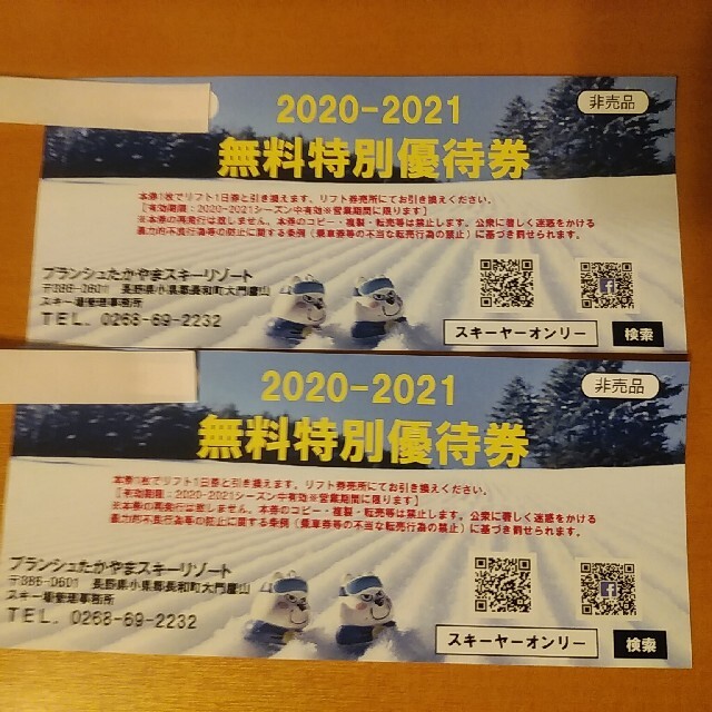 【送料込・匿名配送】ブランシュたかやまスキーリゾート　リフト券2枚セット