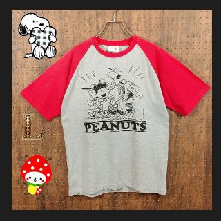 ピーナッツ(PEANUTS)のピーナッツ スヌーピー 5分袖 ロンT グレー 赤 L(Tシャツ/カットソー(七分/長袖))