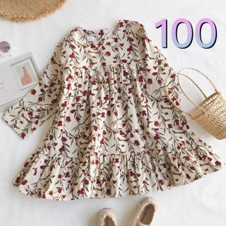 新品　花柄　コーデュロイ　ワンピース　キッズ　服　女の子　韓国ドレス　100(ワンピース)