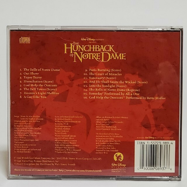 Disney(ディズニー)のCD「THE HUNCHBACK OF NOTREDAME」輸入盤（R96） エンタメ/ホビーのCD(ポップス/ロック(洋楽))の商品写真