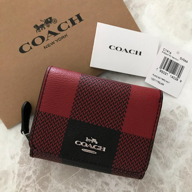 大注目 COACH 新品 店頭完売品 三つ折り財布 赤色 レッド カーキ - 三