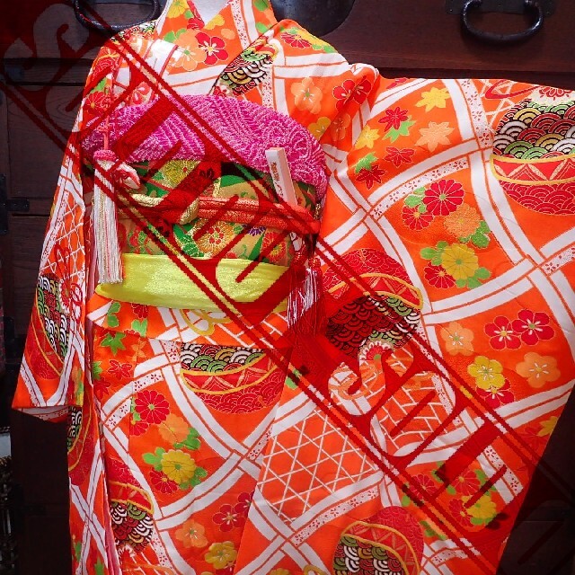 今季ブランド ☆sold out☆ 七歳 レトロ橙鈴格子 お着物フルセット