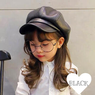 〈新品☆ブラック〉フェイクレザーキャスケットベレー帽 韓国子供服(帽子)