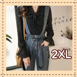 2XL ブラック ドット ブラウス  水玉 長袖 シフォン リボンタイ オフィス(シャツ/ブラウス(長袖/七分))