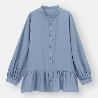 ジーユー(GU)のGU☆新品☆ ギャザーフレアロングシャツ(長袖)☆ブルー☆Lサイズ(シャツ/ブラウス(長袖/七分))