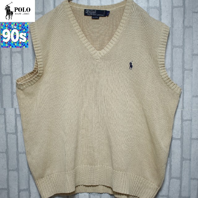 POLO RALPH LAUREN(ポロラルフローレン)の90s ポロラルフローレン　ベージュ　ニットベスト　ヴィンテージ　Vネック メンズのトップス(ベスト)の商品写真