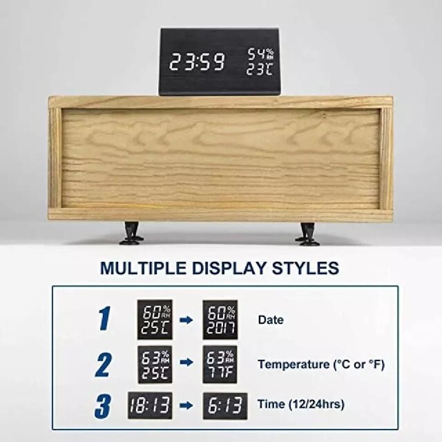 木製 木目調 LEDデジタル 湿度 温度 置時計 インテリア/住まい/日用品のインテリア小物(置時計)の商品写真