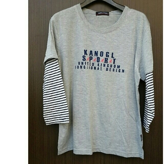 カンゴール(KANGOL)のKANGOL ロゴミス 七分丈Tシャツ　グレー+白紺ストライプ　Lサイズ(Tシャツ(長袖/七分))