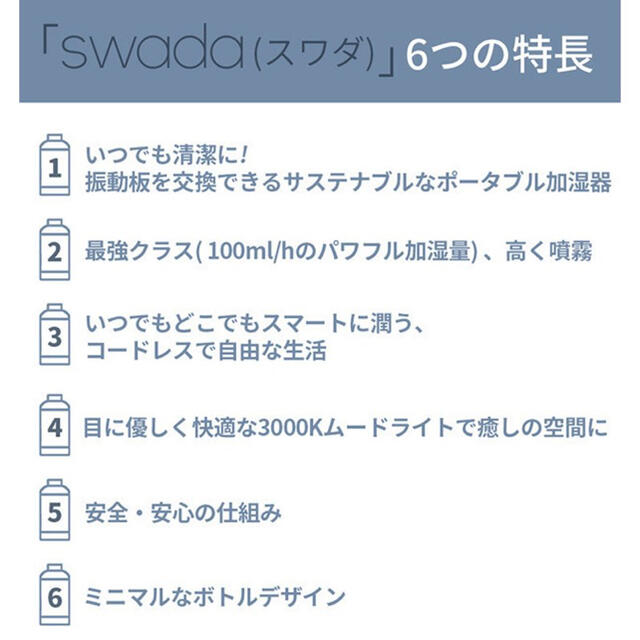 新品未開封 swada 加湿器 コードレス超音波加湿器 スマホ/家電/カメラの生活家電(加湿器/除湿機)の商品写真