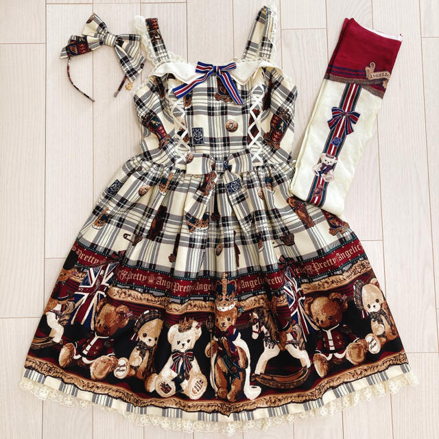 Angelic Pretty(アンジェリックプリティー)のAngelic Pretty British Bear JSK KC タイツ レディースのワンピース(ひざ丈ワンピース)の商品写真