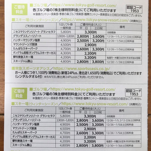 東急不動産HD★株主優待★ゴルフ場・スキー場・東急スポーツオアシス★2枚セット チケットの施設利用券(フィットネスクラブ)の商品写真