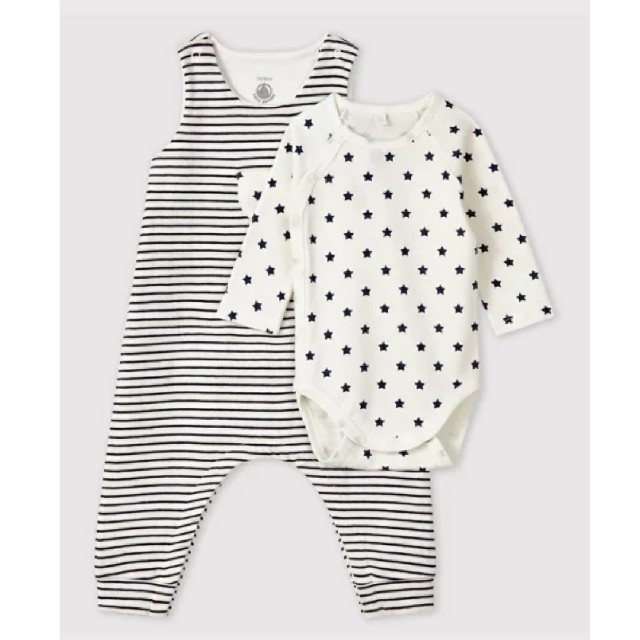 PETIT BATEAU(プチバトー)の新品 プチバトー サロペット&ボディスーツセット キッズ/ベビー/マタニティのベビー服(~85cm)(ロンパース)の商品写真