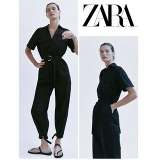 ザラ(ZARA)のZARA　ブラック　コットン　ジャンプスーツ　オールインワン　黒(オールインワン)