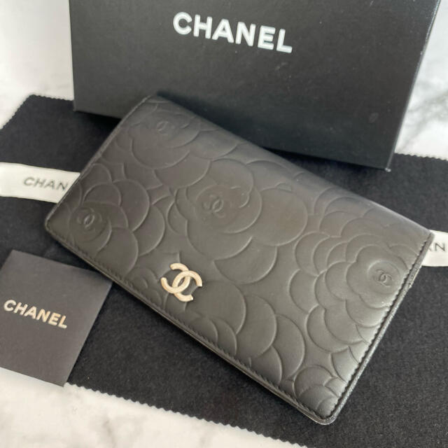 【美品☆】CHANEL 長財布 カメリア / ブラックxシルバー