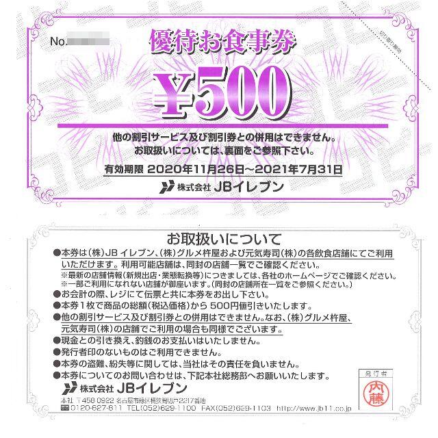 JBイレブン 優待お食事券7500円分(500円券×15枚) 期限21.7.31