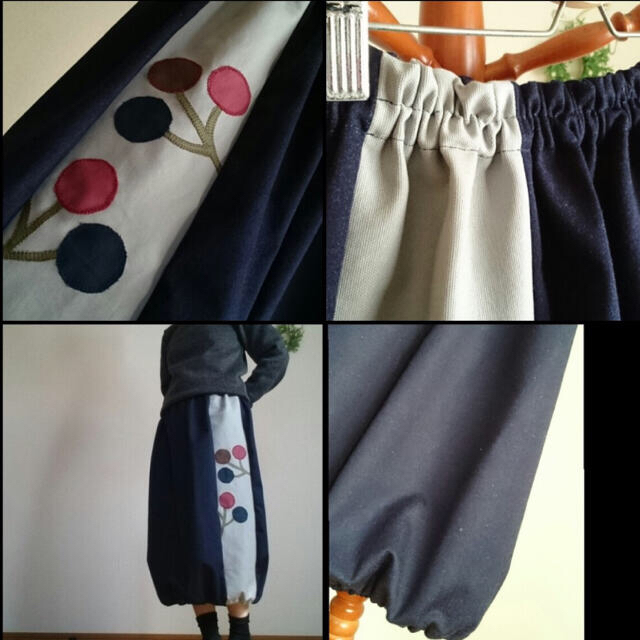 デニム小枝に実りを縫い込んだパッチワークバルーンスカート ハンドメイド レディースのスカート(ロングスカート)の商品写真