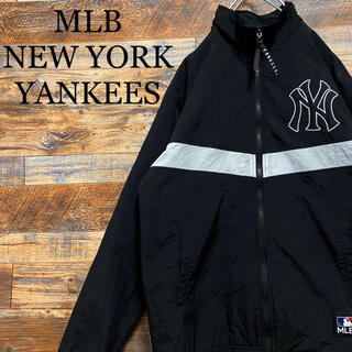 MLB☆ニューヨークヤンキースロゴナイロンジャケット メンズ古着 M 黒ブラック
